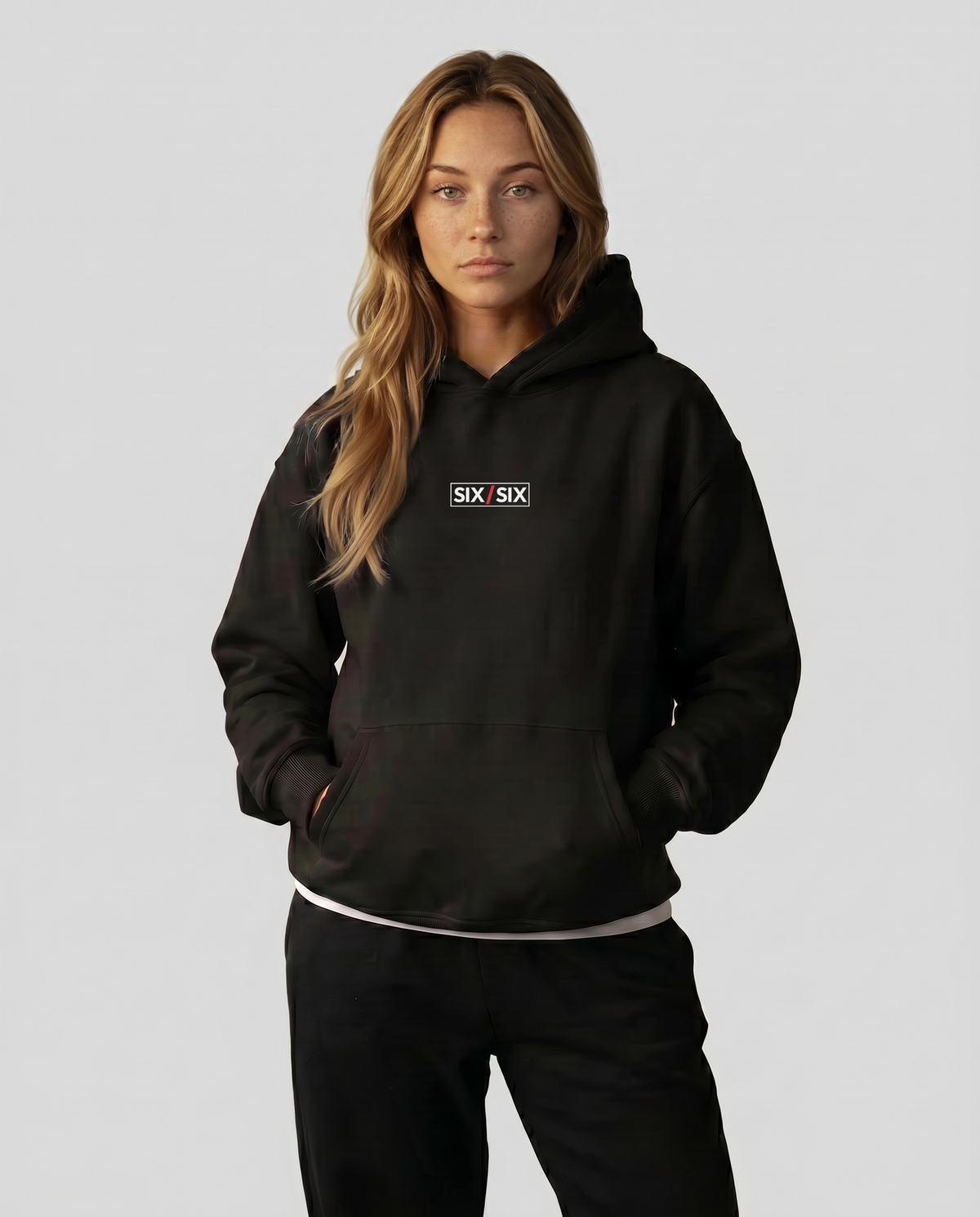 FOUNDERS CLASS Hoodie — Female model hero (Reese), Black #Model_F #Color_Black
