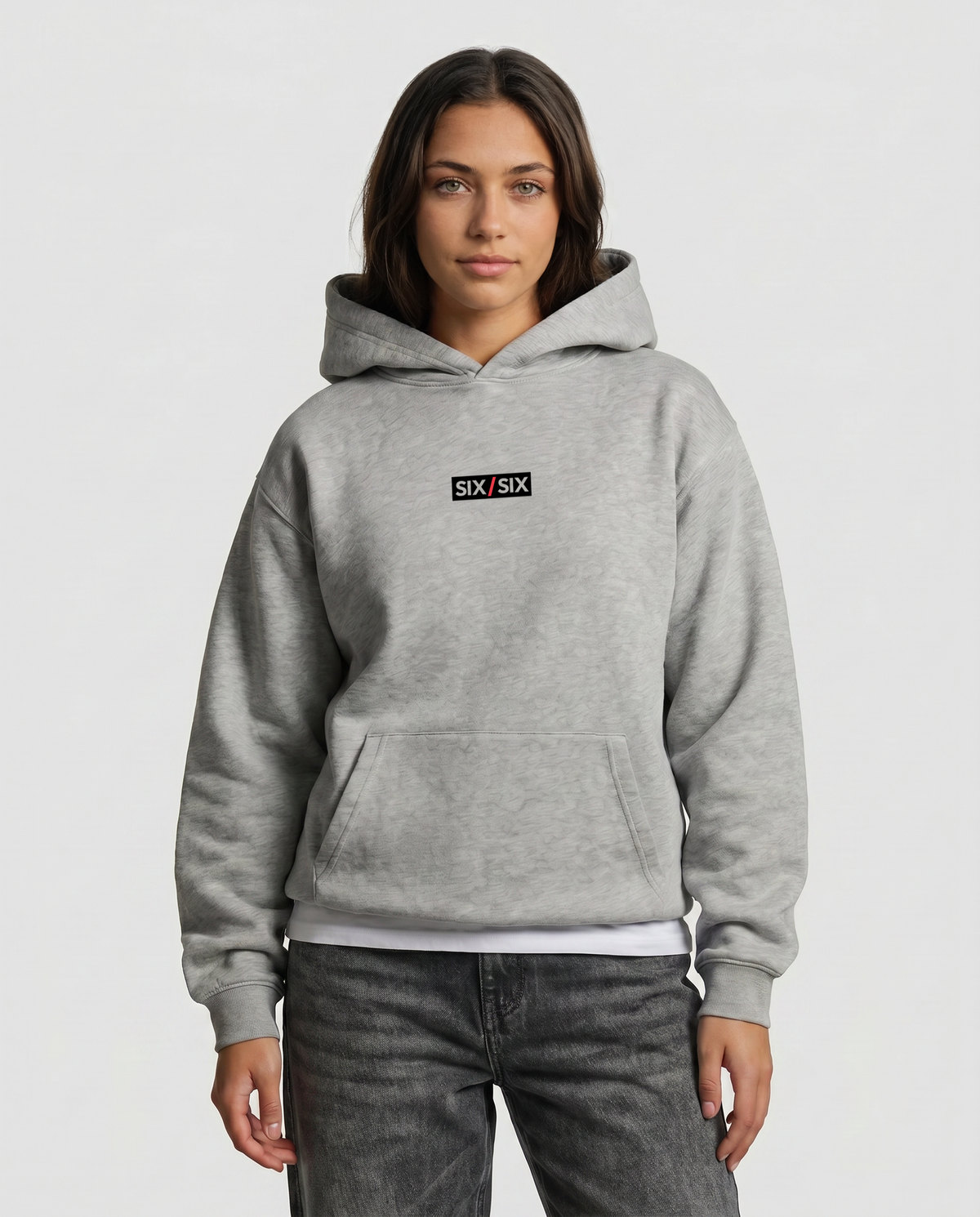 Starting Line — Logo Hoodie — Female model hero, Marle Grey #Model_F #Color_Marle Grey