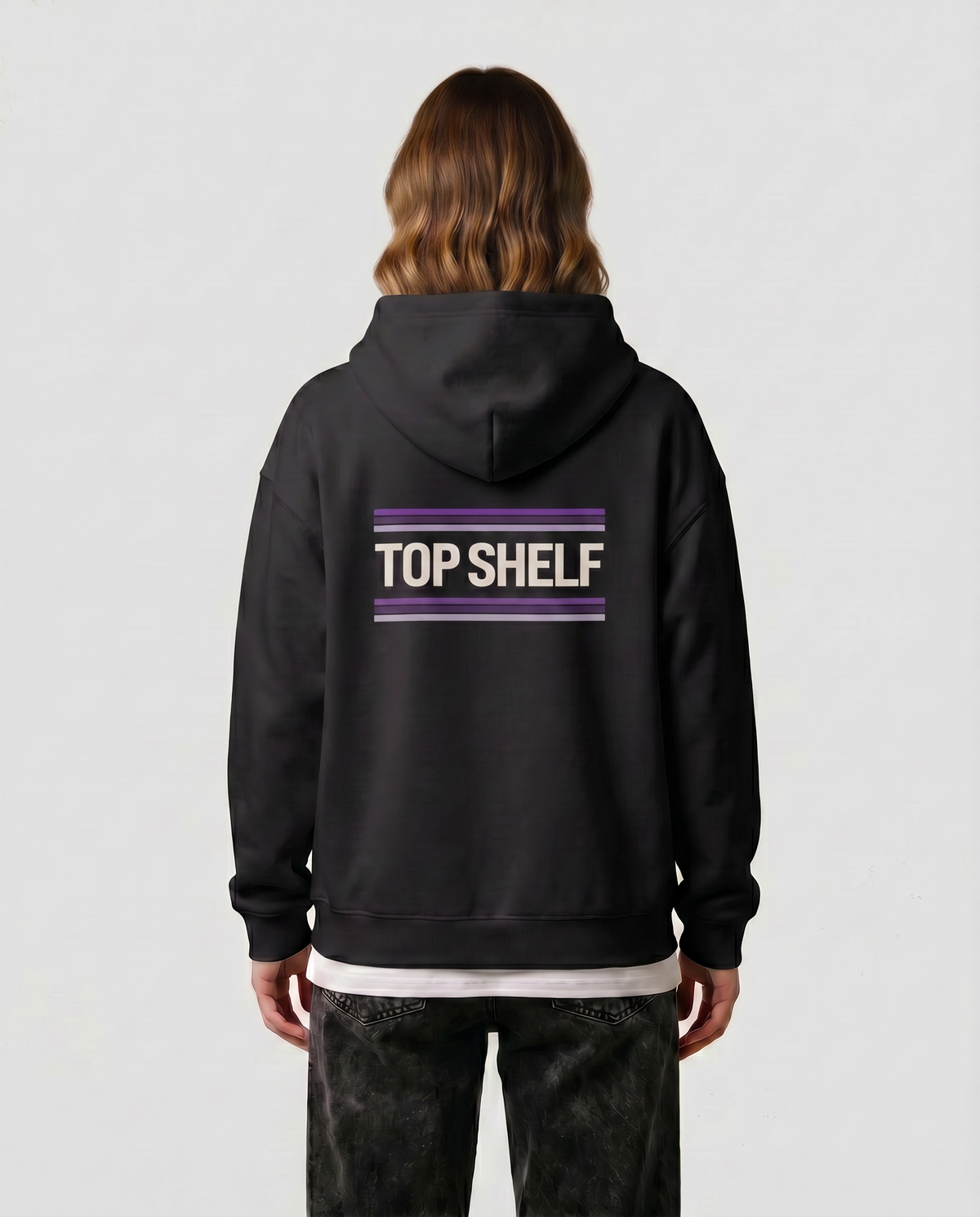 Lace — Purple Reign — female model Reese, back view with purple laces graphic, Black #Model_F #Color_Black #Design_Purple Reign