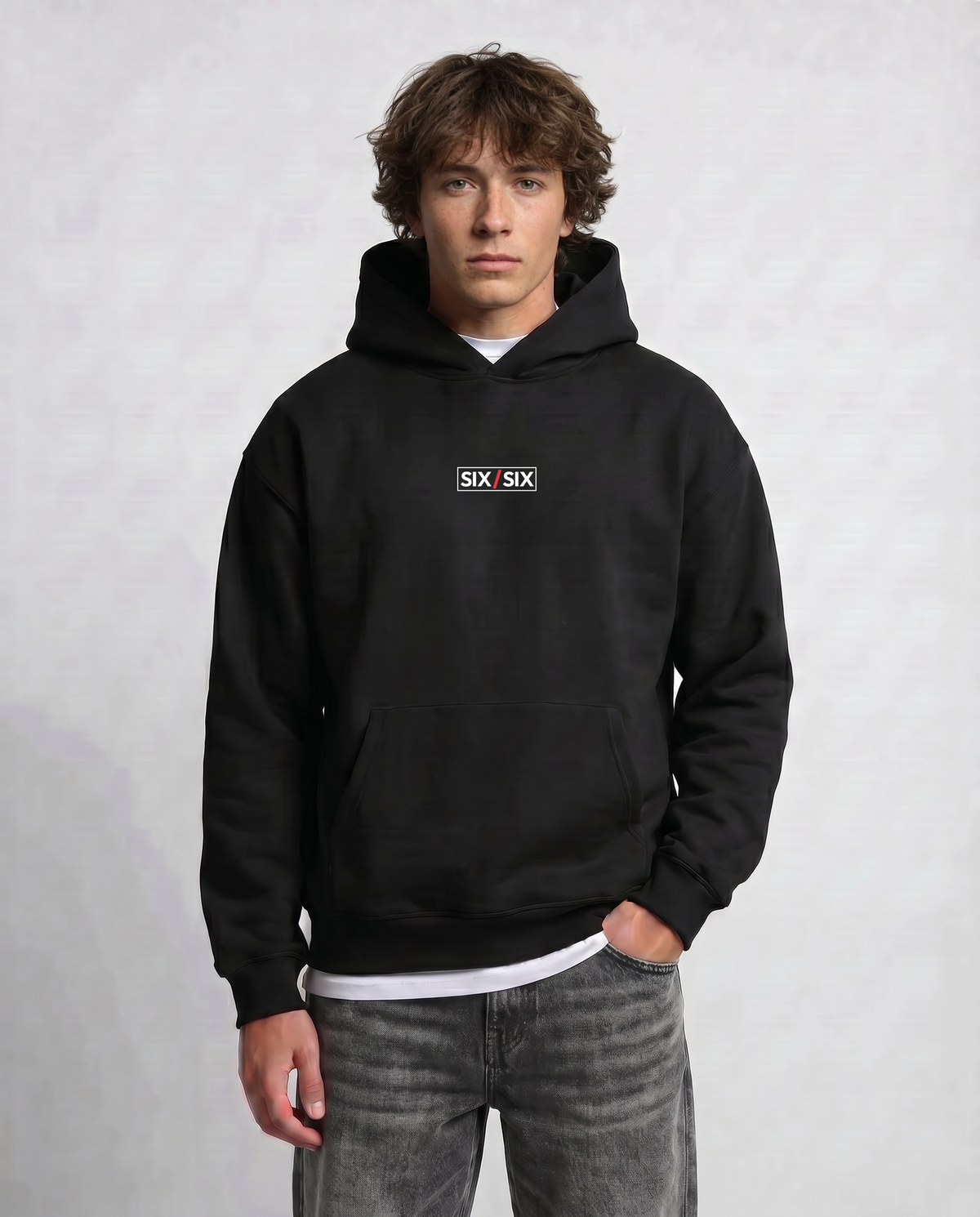 Starting Line — Logo Hoodie — Male model hero, Black #Model_M #Color_Black