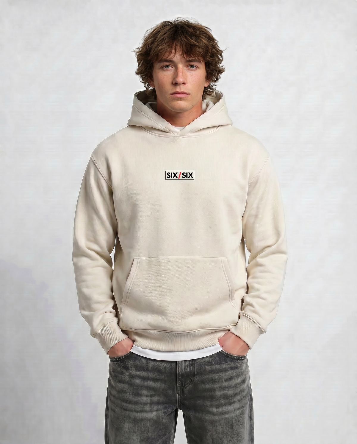 Starting Line — Logo Hoodie — Male model hero, Natural #Model_M #Color_Natural