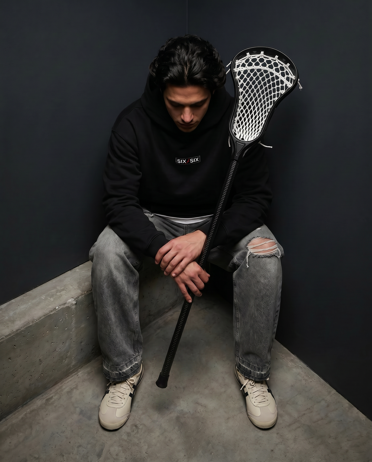 Lace — Cobalt Varsity — male model Enzo, editorial with lacrosse stick, Black #Model_M #Color_Black #Design_Cobalt Varsity