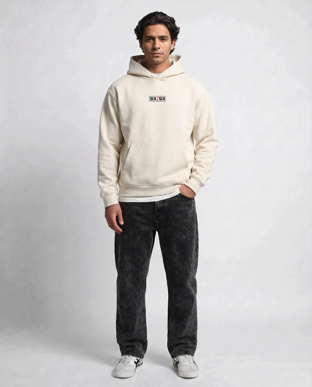 Lace — Riptide — Men's model Enzo, full length, Natural #Model_M #Color_Natural #Design_Riptide
