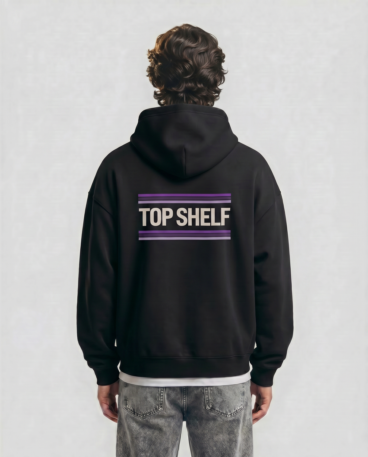 Lace — Purple Reign — male model Enzo, back view with purple laces graphic, Black #Model_M #Color_Black #Design_Purple Reign