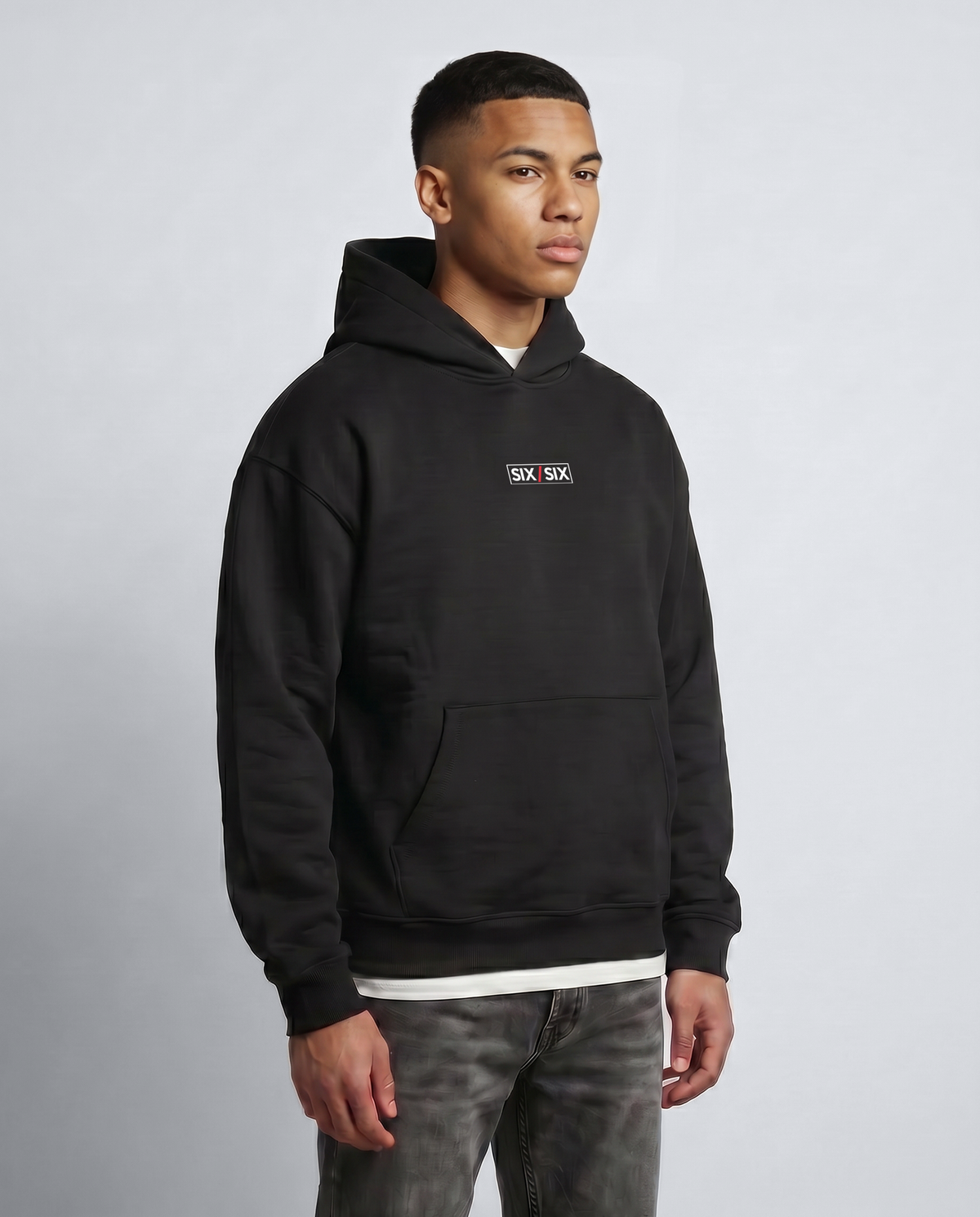 FOUNDERS CLASS Hoodie — Male model three-quarter (Roman), Black #Model_M #Color_Black