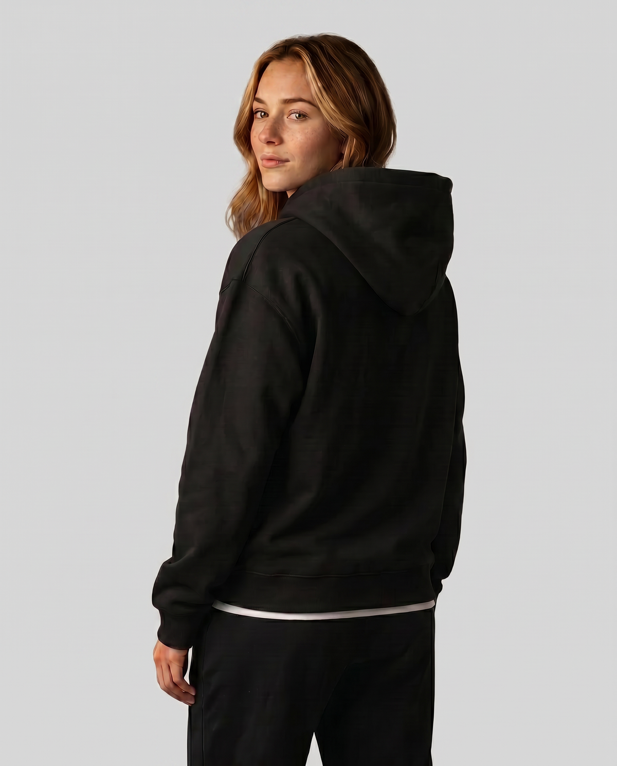FOUNDERS CLASS Hoodie — Female model back (Reese), Black #Model_F #Color_Black