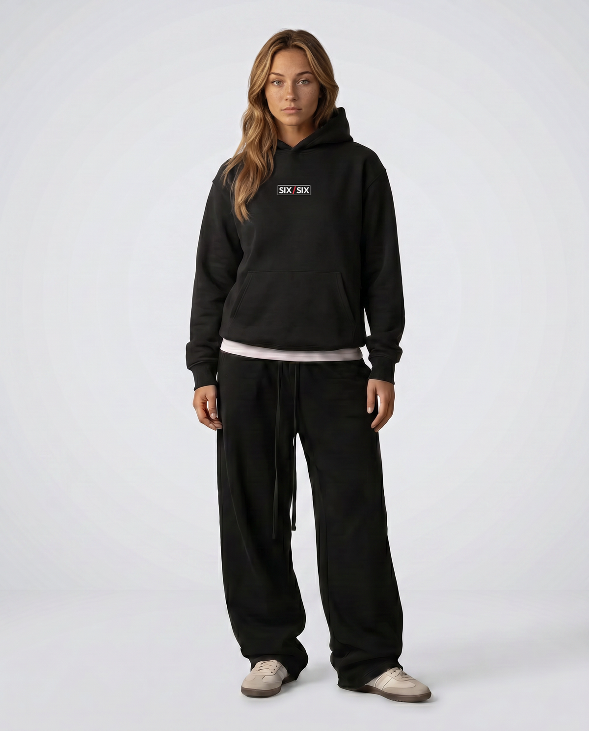FOUNDERS CLASS Hoodie — Female model full look (Reese), Black #Model_F #Color_Black