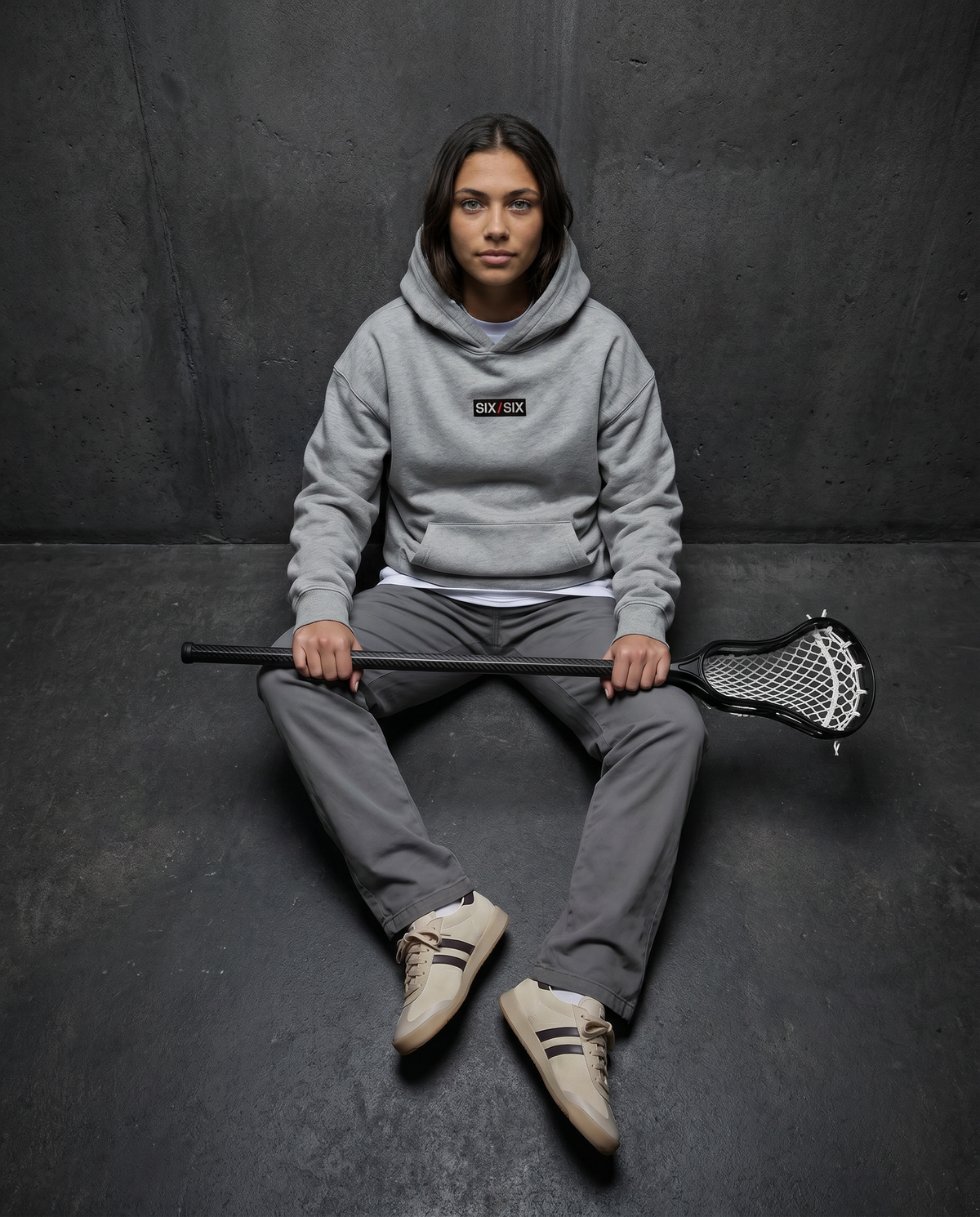 Starting Line — Logo Hoodie — Female model editorial LAX (Kai), Marle Grey #Model_F #Color_Marle Grey