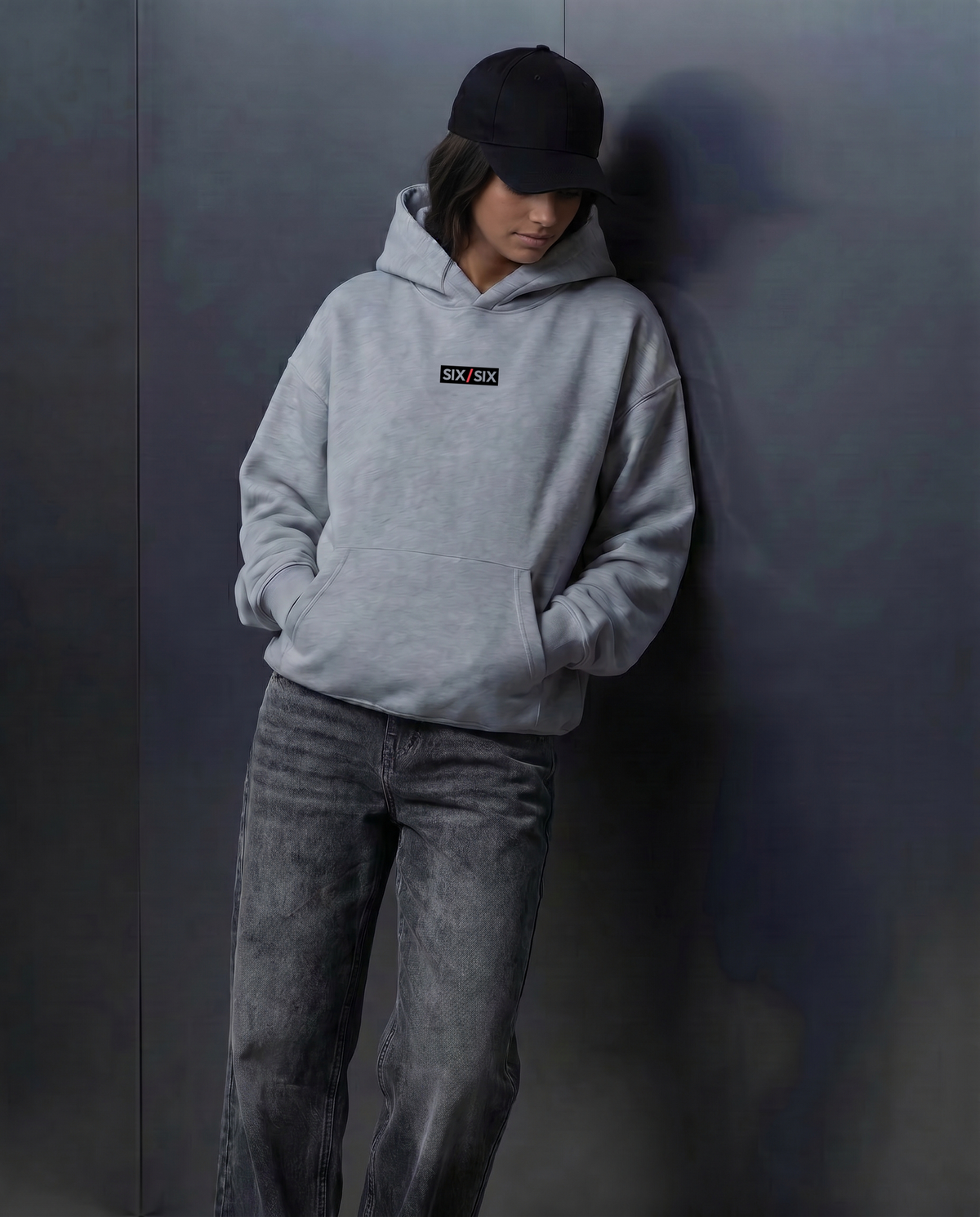 Starting Line — Logo Hoodie — Female model editorial (Kai), Marle Grey #Model_F #Color_Marle Grey