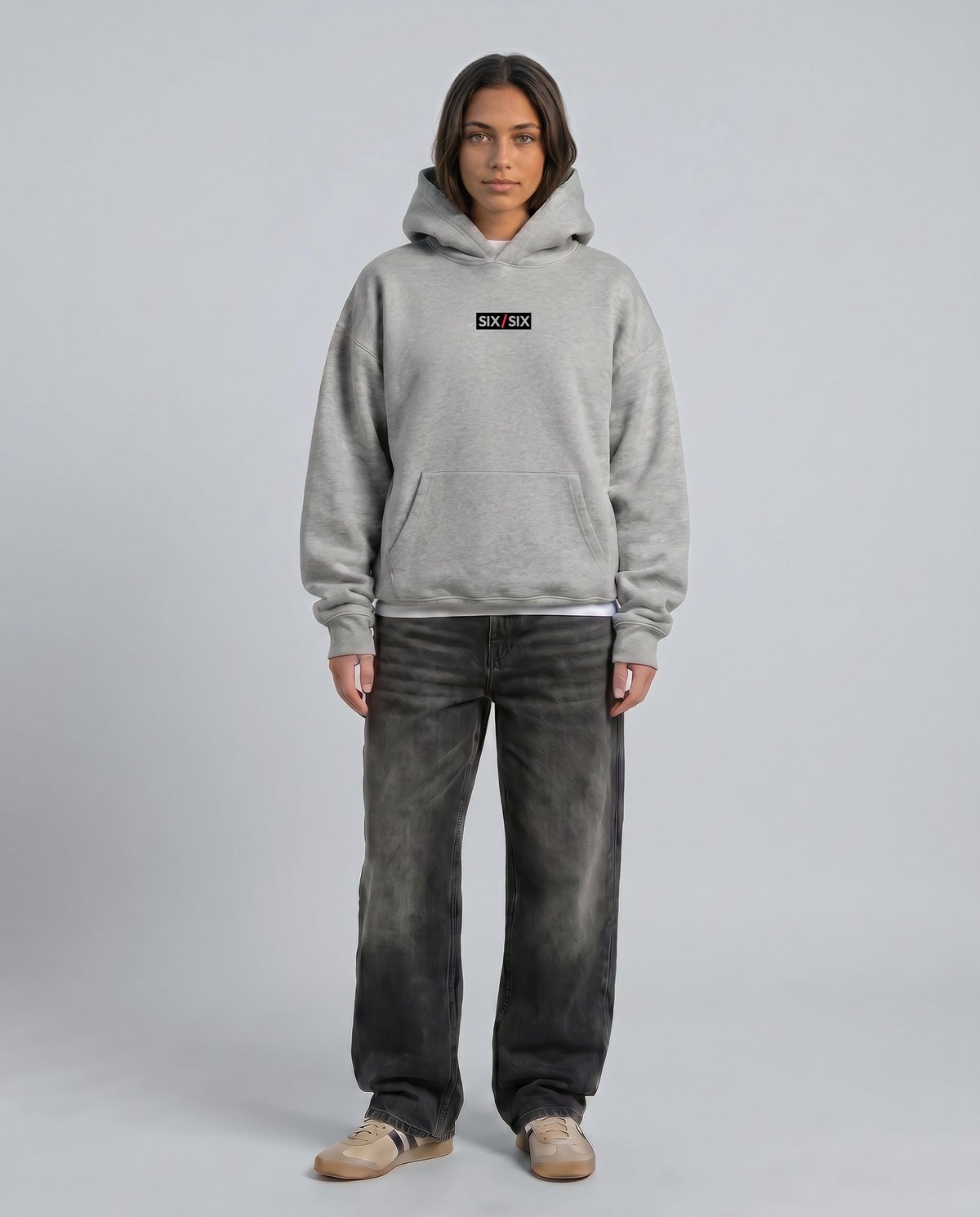 Starting Line — Logo Hoodie — Female model full look (Kai), Marle Grey #Model_F #Color_Marle Grey
