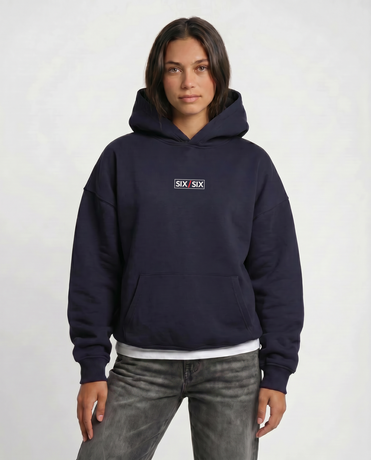 Starting Line — Logo Hoodie — Female model hero, Blue Ink #Model_F #Color_Blue Ink