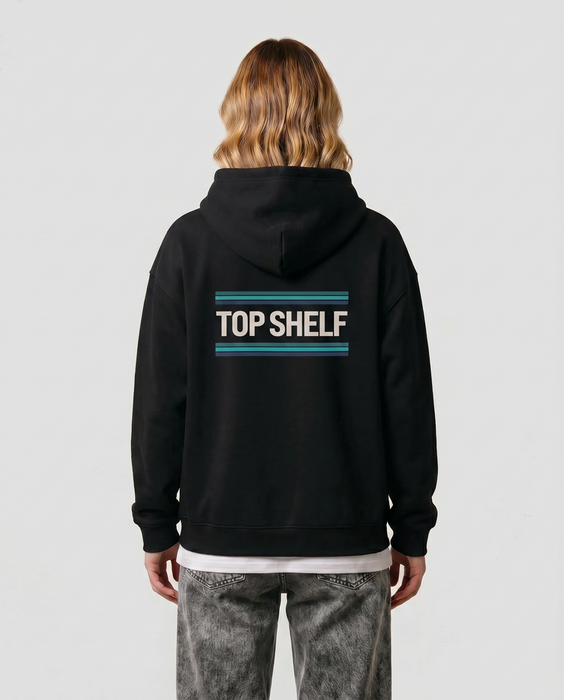Lace — Transformative Teal — Women's model Reese, back view with teal laces graphic, Black #Model_F #Color_Black