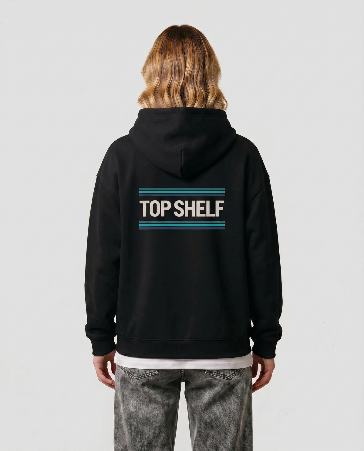Lace — Riptide — Women's model Reese, back view with teal laces graphic, Black #Model_F #Color_Black #Design_Riptide