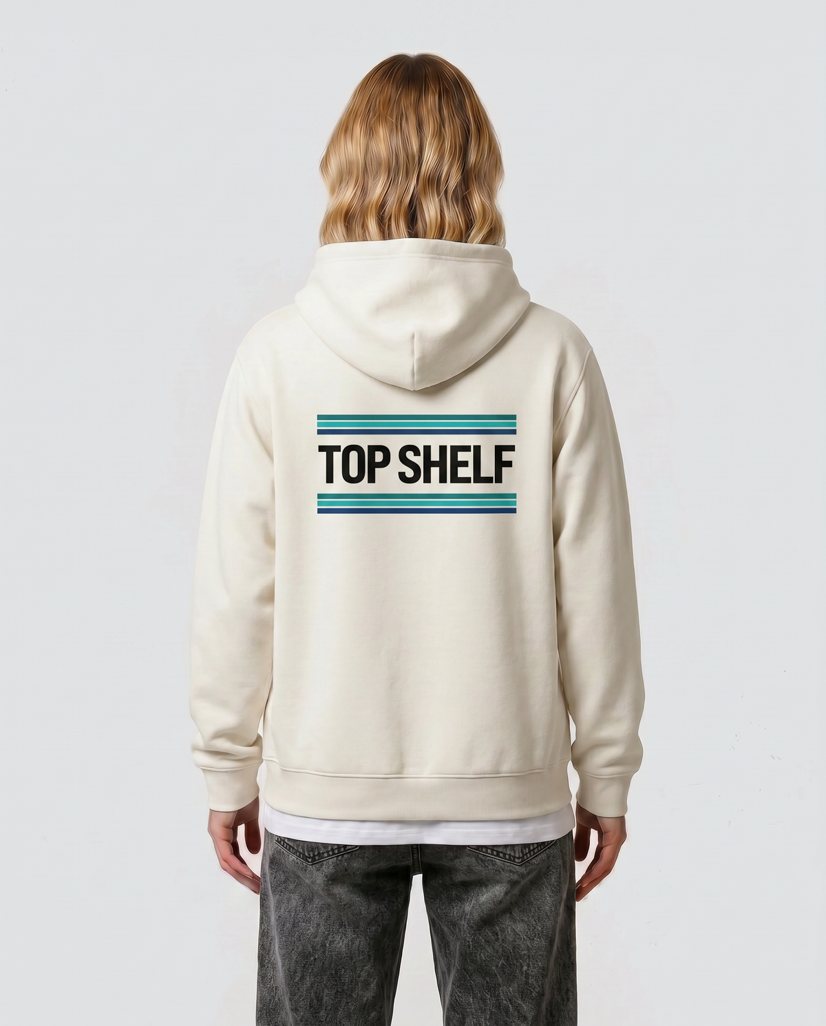 Lace — Riptide — Women's model Reese, back view with teal laces graphic, Natural #Model_F #Color_Natural #Design_Riptide