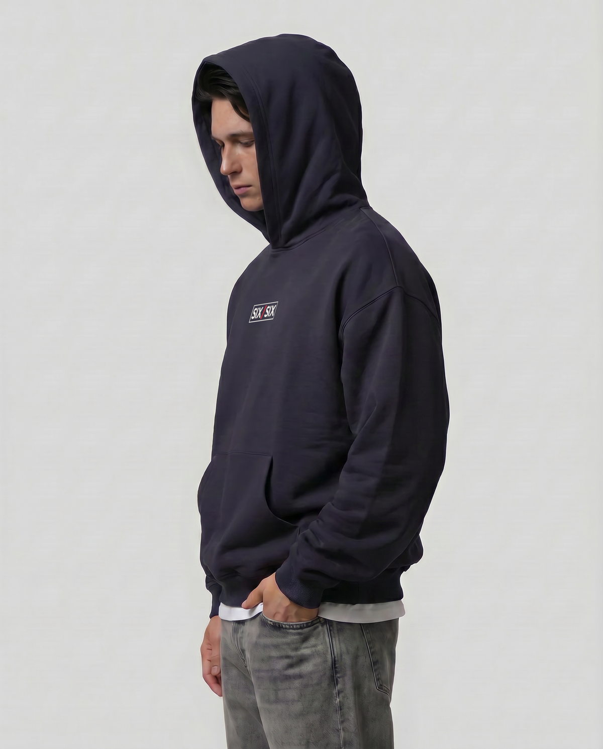 Starting Line — Logo Hoodie — Male model three-quarter (Beckett), Blue Ink #Model_M #Color_Blue Ink