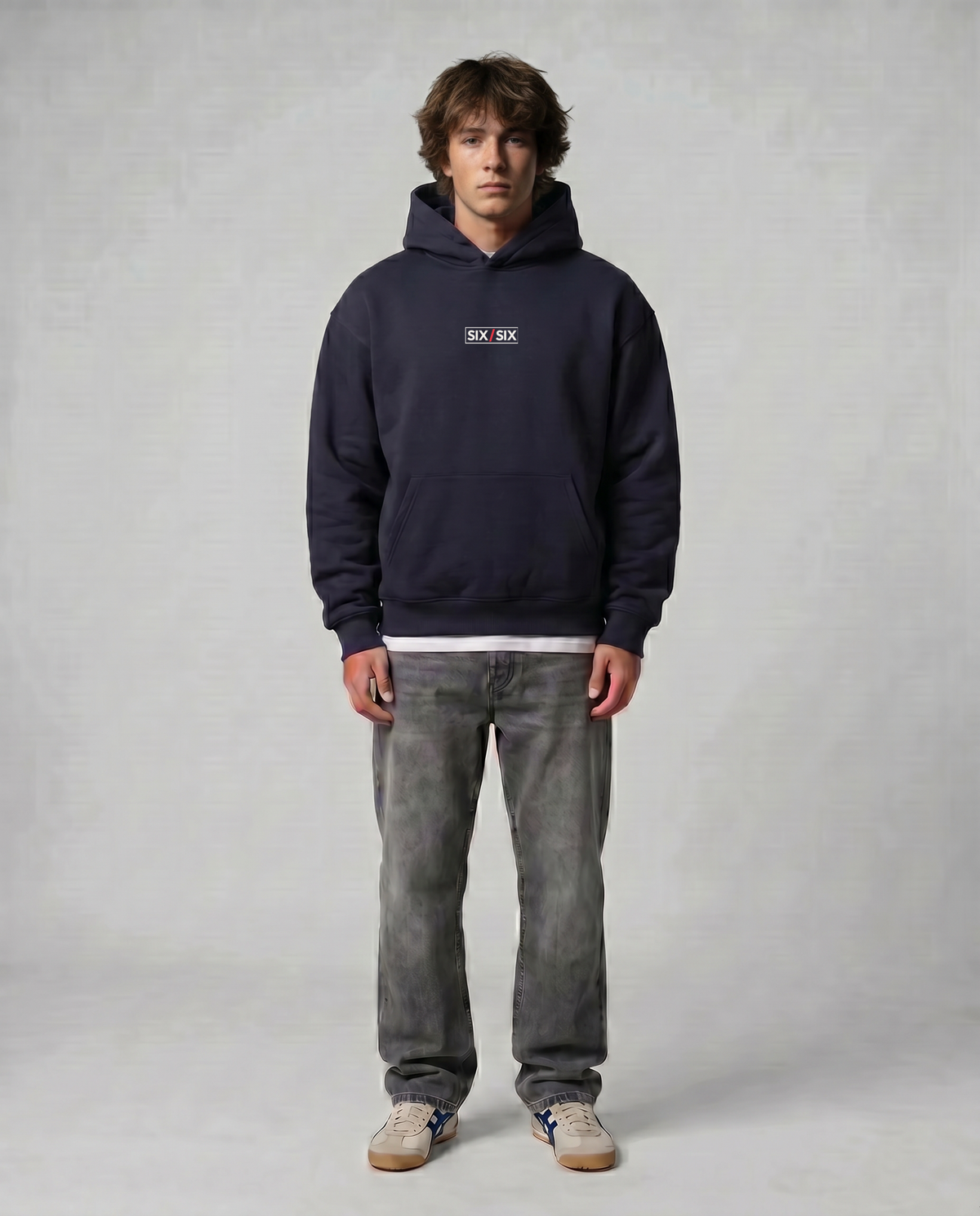 Starting Line — Logo Hoodie — Male model full look (Beckett), Blue Ink #Model_M #Color_Blue Ink