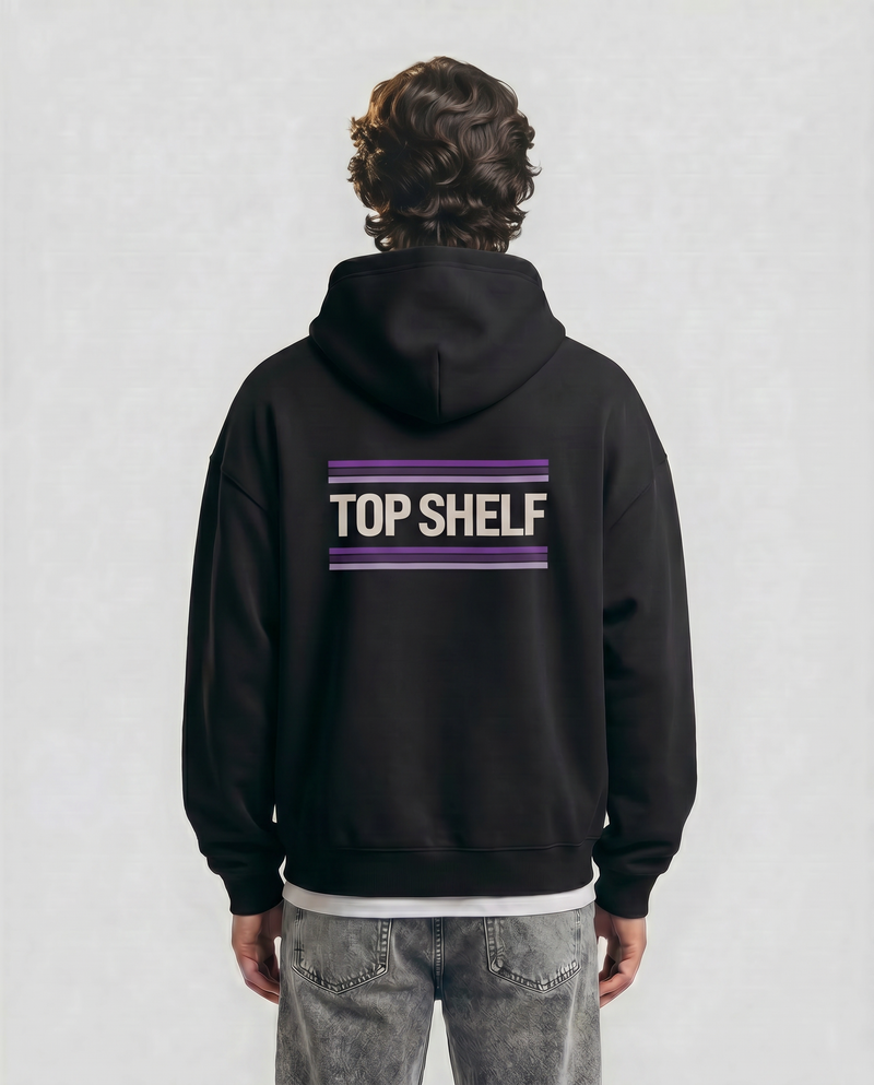 Lace — Purple Reign — male model Enzo, back view with purple laces graphic, Black #Model_M #Color_Black
