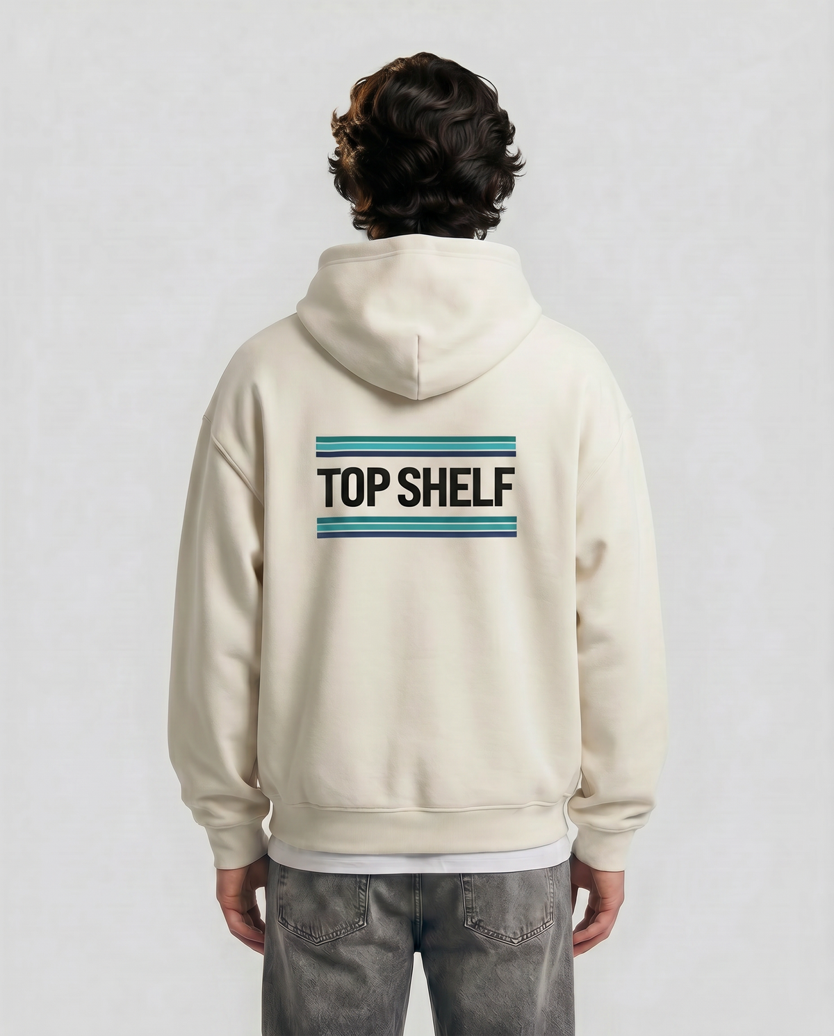 Lace — Riptide — Men's model Enzo, back view with teal laces graphic, Natural #Model_M #Color_Natural #Design_Riptide