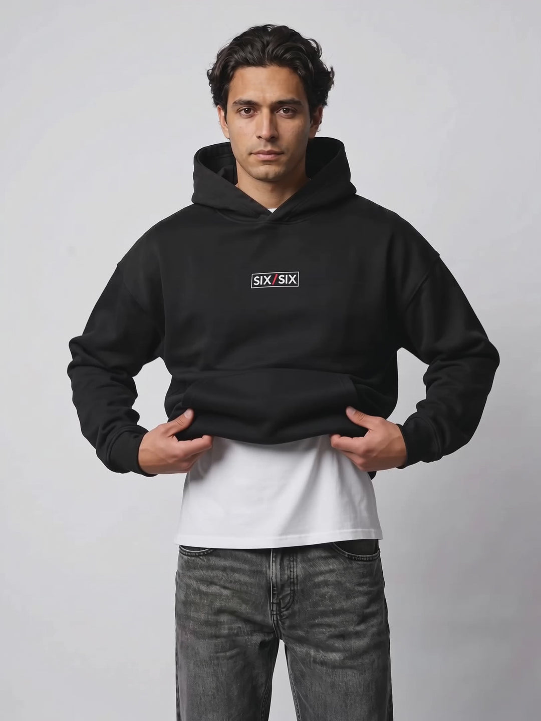 No Look hoodie PDP video — male model Enzo, hood-up turnaround #Model_M