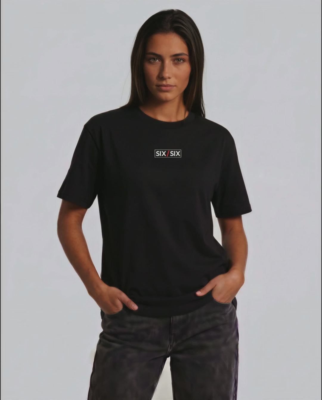 Built for the Cage tee on female model